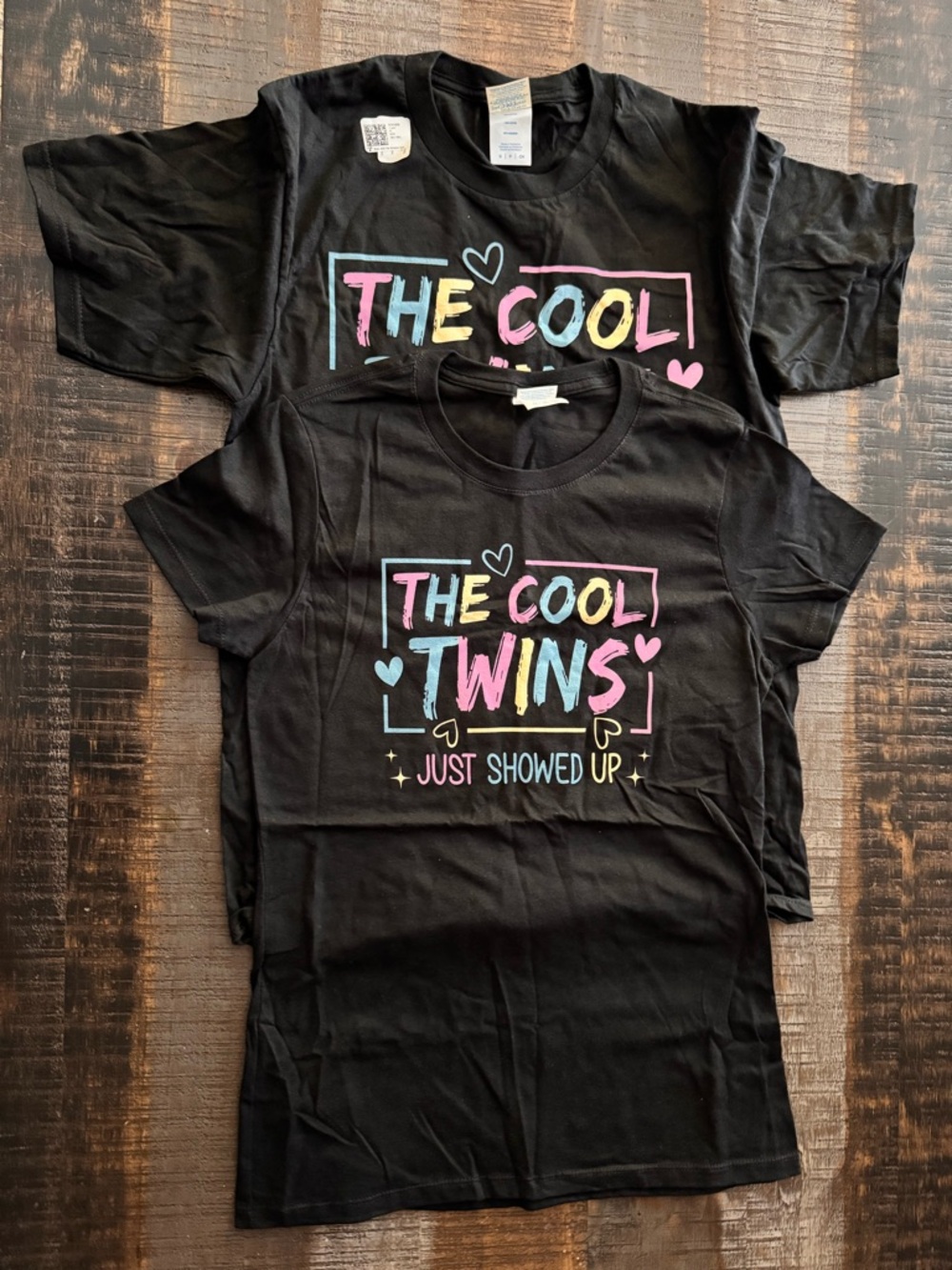 NWOT Twins short sleeve Black 2 t-shirts sizes XS and Small The Cool Twins